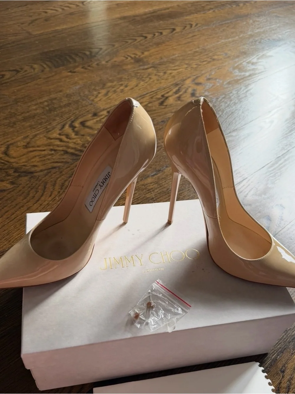 Jimmy choo anouk 37.5 nude patent 120mm pump